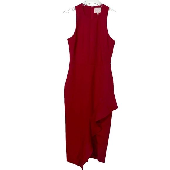☀️❄️cinq a sept Piper Ruffle Midi Asymmetrical Dress in Pomegranate Sz 4 - Picture 3 of 13